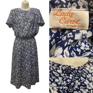 Vtg Womens Dress Lady Carol Of New York XL Blue White Floral Sheer Smocked Waist